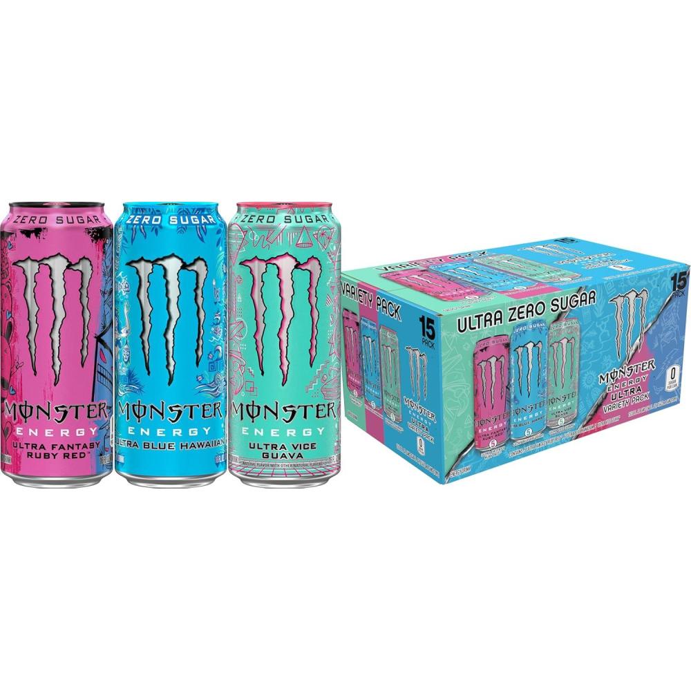 image:imageMonster Energy Ultra Variety Pack Blue Hawaiian Ultra Vice Guava Ultra Fantasy Ruby Red Sugar Free Energy Drink 16 Ounce Pack of 15