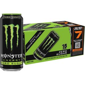 Monster Energy Zero Sugar, Green, Original, Low Calorie Energy Drink, 16 Ounce (Pack of 15)(zero sugar)