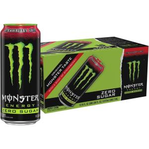 Monster Energy Zero Sugar Strawberry Shot, Green, Original, Sugar Free Energy Drink, 16 Ounce (Pack of 15)