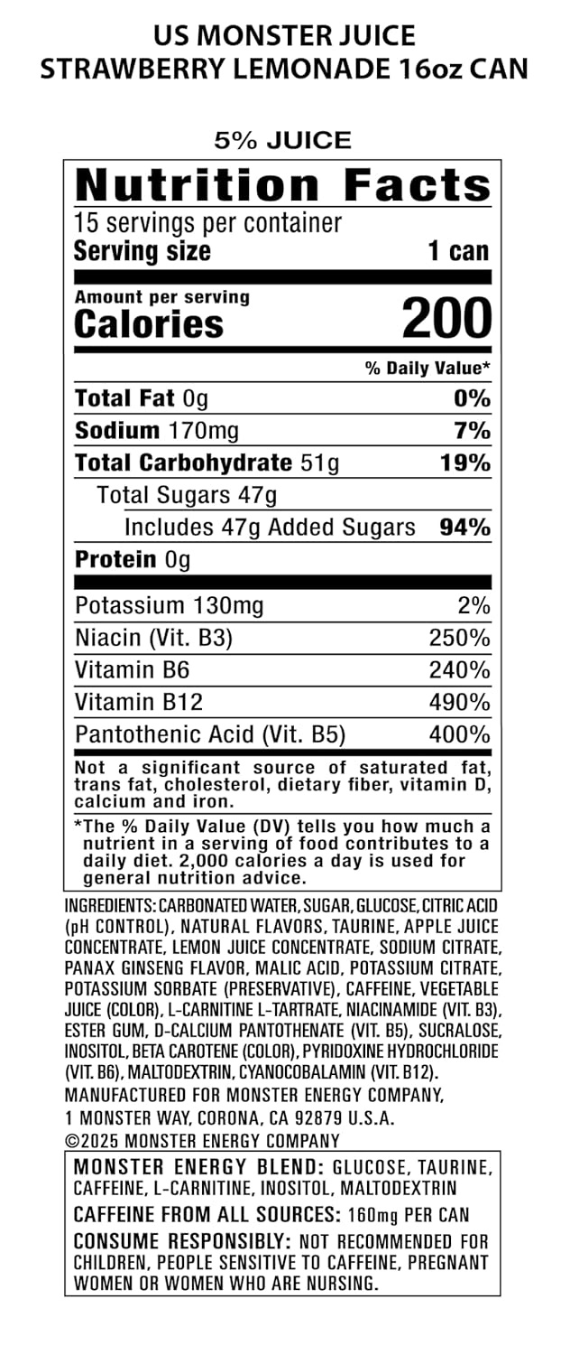 image:imageMonster Energy Juice Strawberry Lemonade Energy Juice Energy Drink 16 Ounce Pack of 15