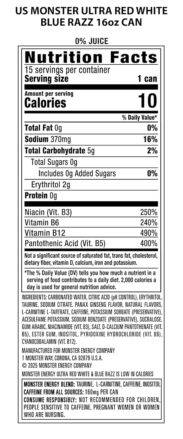 image:imageMonster Energy Ultra Red White amp Blue Razz Sugar Free Energy Drink 16 Ounce Pack of 15